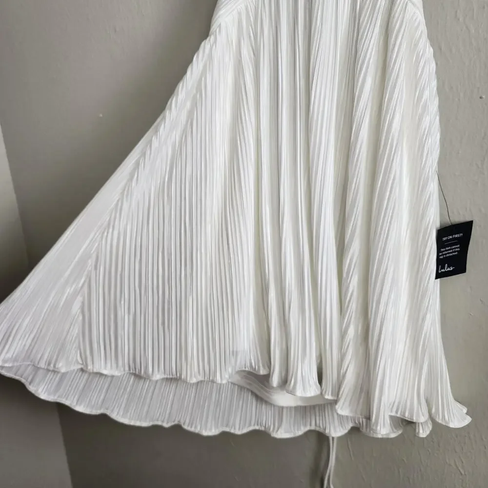 Lulus Captivating Delight White Plisse Satin Mini Dress - Lace-Up Bridal NWT M - Picture 9 of 14